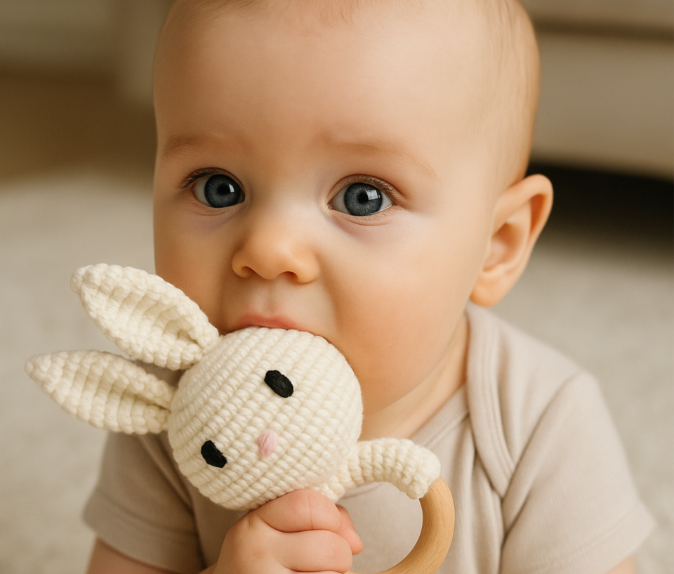 %100 El Yapımı Amigurumi Tavşan Çıngırak – Organik Diş Kaşıyıcı ve Bebek Oyuncağı