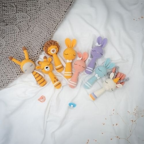 Organik Amigurumi Çeşitli Hayvan Figürlü Çıngırak- Özel Hediye Paketinde