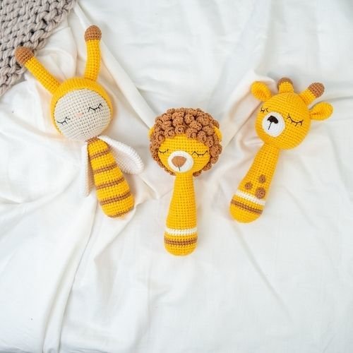 Organik Amigurumi Çeşitli Hayvan Figürlü Çıngırak- Özel Hediye Paketinde
